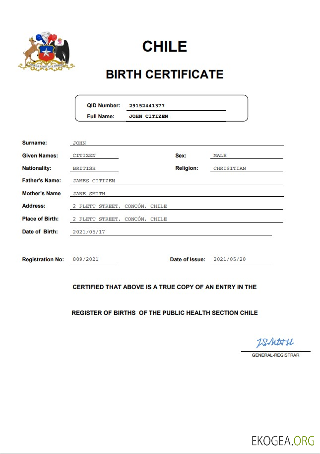 Modèle Word et PDF d'acte de naissance de l'état civil du Chili